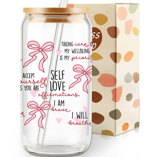 Gift for Her, Self Love Affirmations Glass Cup, Self-Love Gift, Woman Tumbler, Birthday Gift, Gift for Teenage Daughter, Coquette Coffee Cup, Pink bow Ribbon Glass cup with Straw and Lid, Girl Gifts