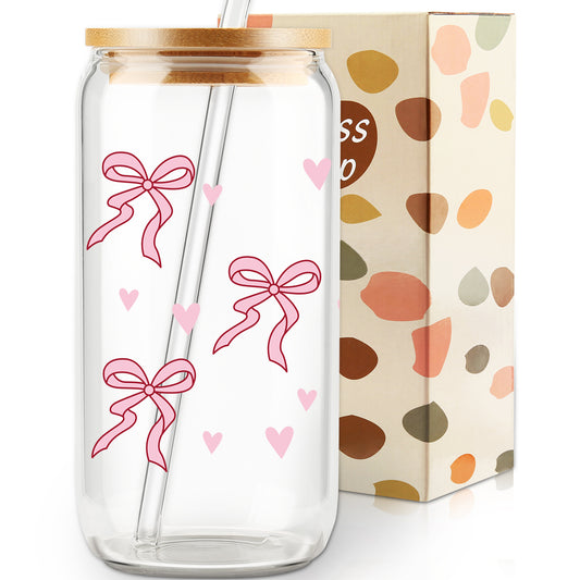 Girl Gift, Pink Bow Coquette Glass Iced Coffee Cup, Tumbler Gifts, Girly Girl Gifts,VDay Gift for Her, Preppy Gift, Aesthetic Cup, Dorm Gift, Gift for Teenage Daughter, Birthday Gift, With Lid Straw