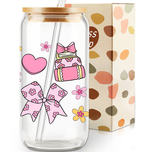 Gifts for Her, Books Bows Lover Gifts, Pink Heart Cup, Coquette Bow Lover Glass Tumbler, Bookish Gift Set, Floral Mug, 16oz Cute Iced Coffee Cup with Bamboo Lid and Straw for Girls Readers, Bookworm