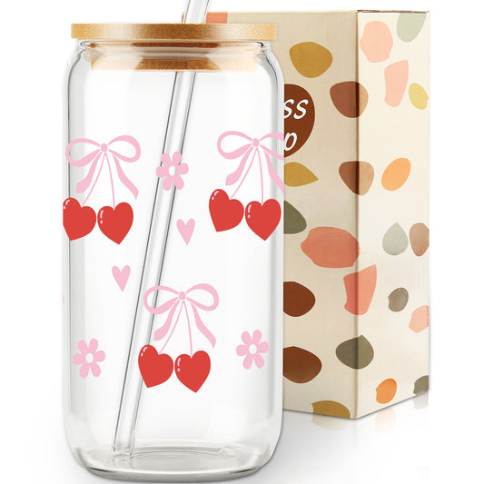 Cherry Bow Cup, Birthday Gifts for Women, Girly Gifts for Her, Sister, Mom, Colleague - 16 OZ Glass Tumbler with Straw & Lid, Coquette Iced Coffee Cup, Valentine's day Gift, Galentines Day Party Favor
