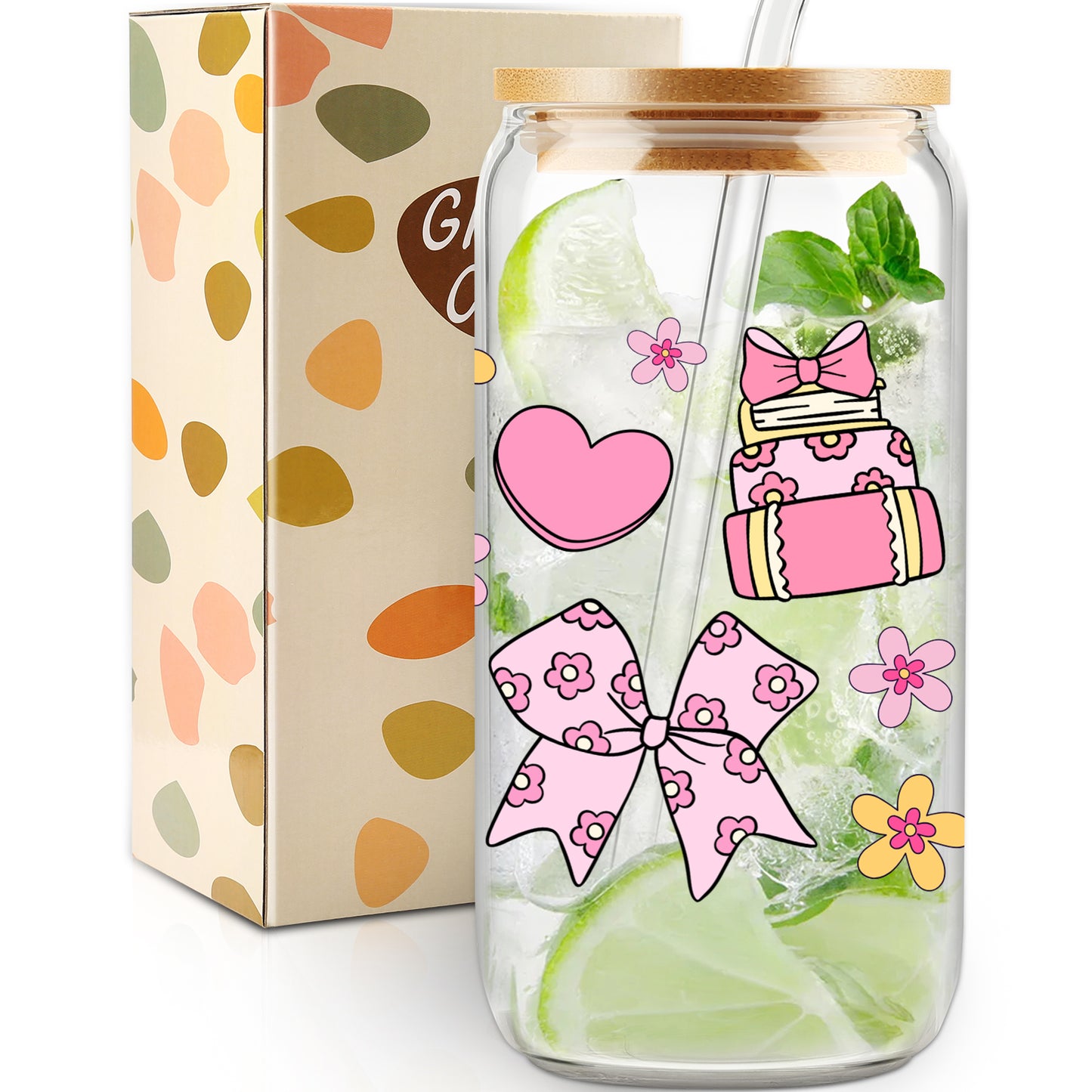 Gifts for Her, Books Bows Lover Gifts, Pink Heart Cup, Coquette Bow Lover Glass Tumbler, Bookish Gift Set, Floral Mug, 16oz Cute Iced Coffee Cup with Bamboo Lid and Straw for Girls Readers, Bookworm