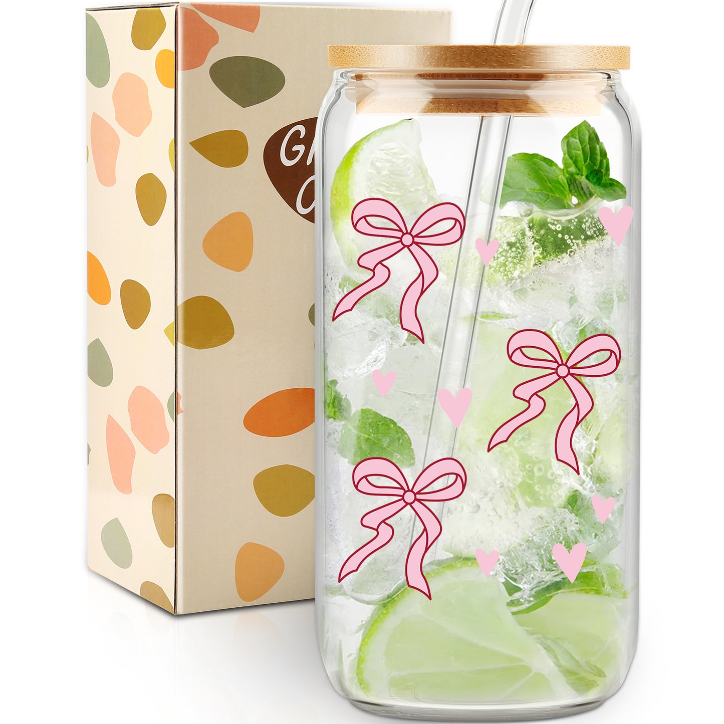Girl Gift, Pink Bow Coquette Glass Iced Coffee Cup, Tumbler Gifts, Girly Girl Gifts,VDay Gift for Her, Preppy Gift, Aesthetic Cup, Dorm Gift, Gift for Teenage Daughter, Birthday Gift, With Lid Straw