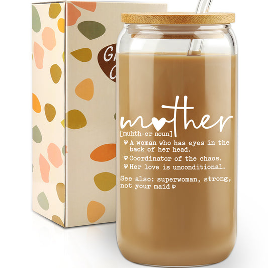 Funny Mother Definition, Mother's Day Gift from Daughter, Mom Appreciation Gift, Iced Coffee Glass Cup for Coffee Lover, Mom Themed Glassware, Birthday Gifts for Mama, Stepmom, With Bamboo Lid Straw