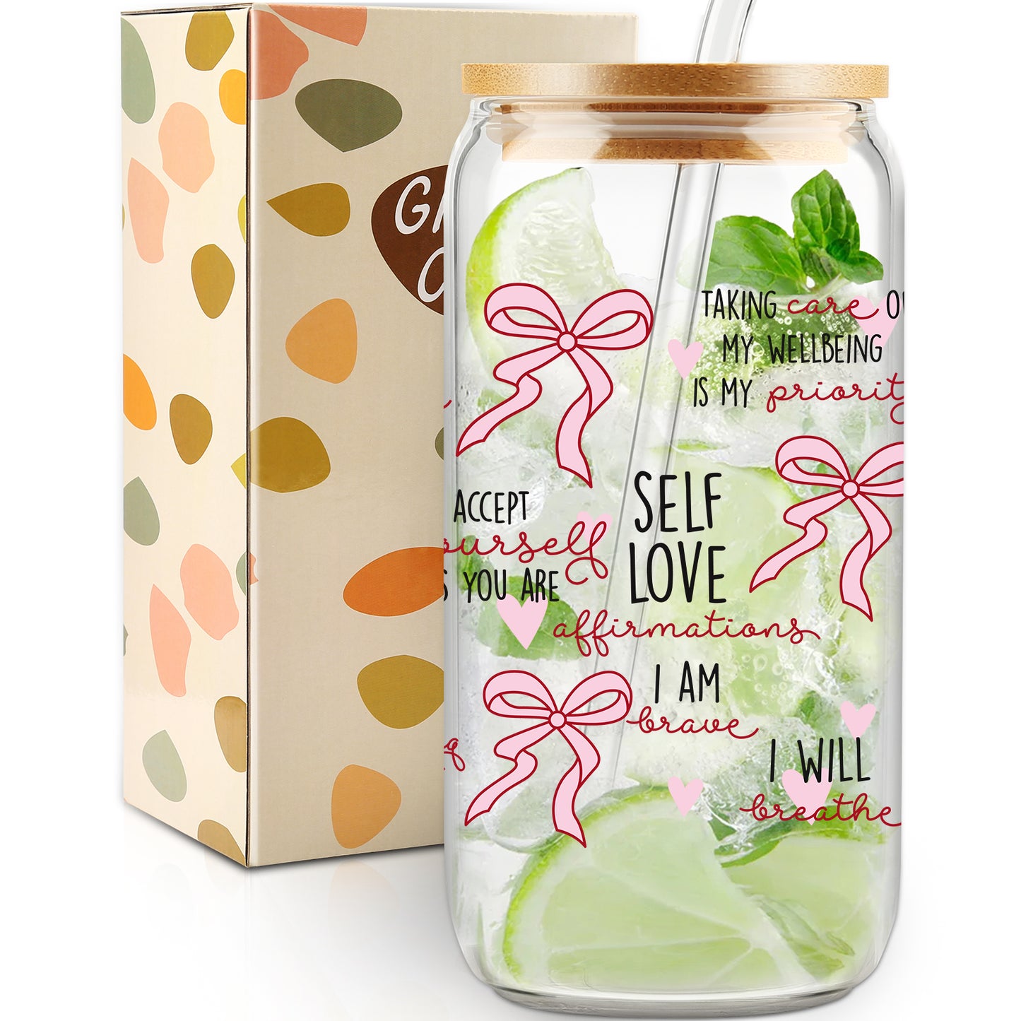 Gift for Her, Self Love Affirmations Glass Cup, Self-Love Gift, Woman Tumbler, Birthday Gift, Gift for Teenage Daughter, Coquette Coffee Cup, Pink bow Ribbon Glass cup with Straw and Lid, Girl Gifts