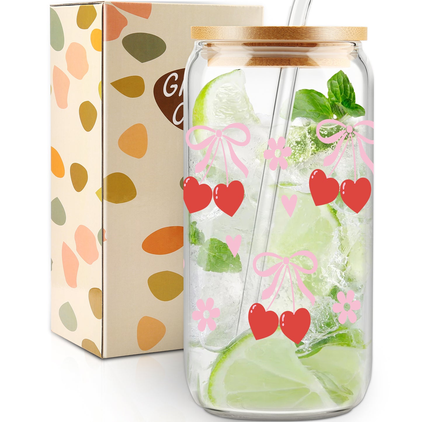 Cherry Bow Cup, Birthday Gifts for Women, Girly Gifts for Her, Sister, Mom, Colleague - 16 OZ Glass Tumbler with Straw & Lid, Coquette Iced Coffee Cup, Valentine's day Gift, Galentines Day Party Favor