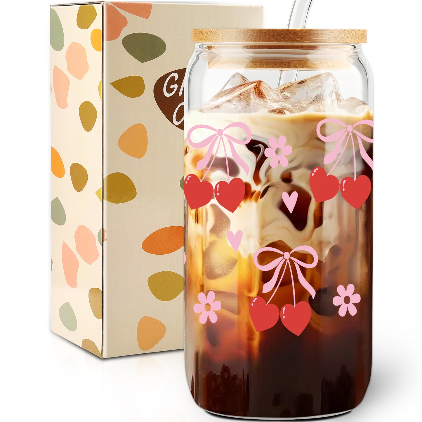 Cherry Bow Cup, Birthday Gifts for Women, Girly Gifts for Her, Sister, Mom, Colleague - 16 OZ Glass Tumbler with Straw & Lid, Coquette Iced Coffee Cup, Valentine's day Gift, Galentines Day Party Favor