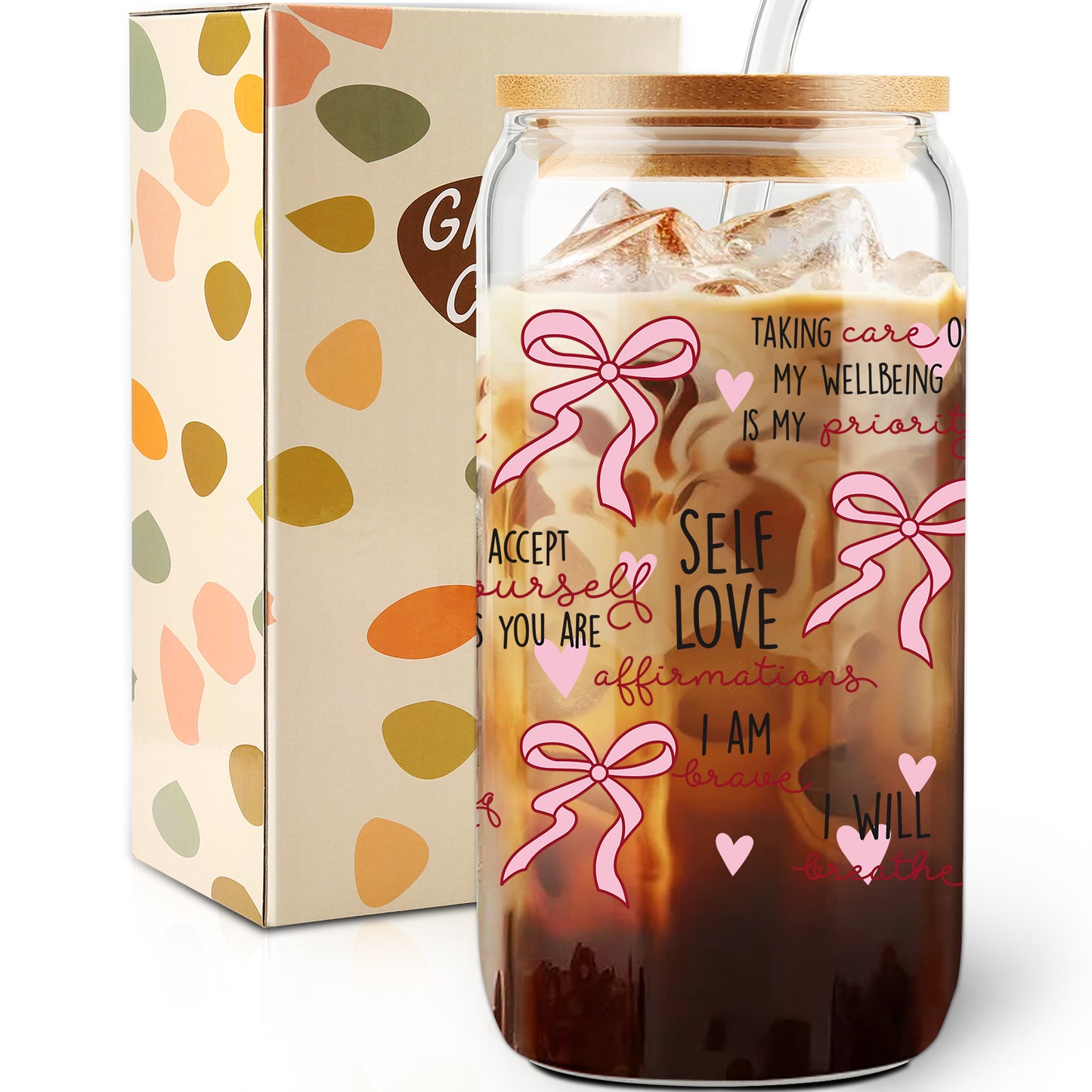 Gift for Her, Self Love Affirmations Glass Cup, Self-Love Gift, Woman Tumbler, Birthday Gift, Gift for Teenage Daughter, Coquette Coffee Cup, Pink bow Ribbon Glass cup with Straw and Lid, Girl Gifts