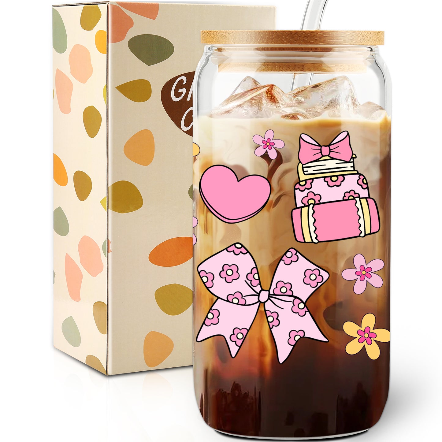 Gifts for Her, Books Bows Lover Gifts, Pink Heart Cup, Coquette Bow Lover Glass Tumbler, Bookish Gift Set, Floral Mug, 16oz Cute Iced Coffee Cup with Bamboo Lid and Straw for Girls Readers, Bookworm