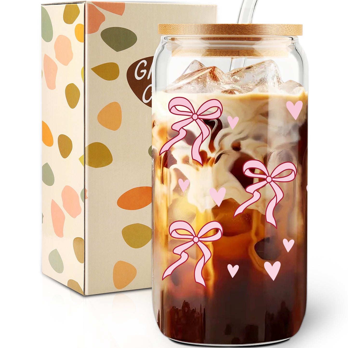 Girl Gift, Pink Bow Coquette Glass Iced Coffee Cup, Tumbler Gifts, Girly Girl Gifts,VDay Gift for Her, Preppy Gift, Aesthetic Cup, Dorm Gift, Gift for Teenage Daughter, Birthday Gift, With Lid Straw