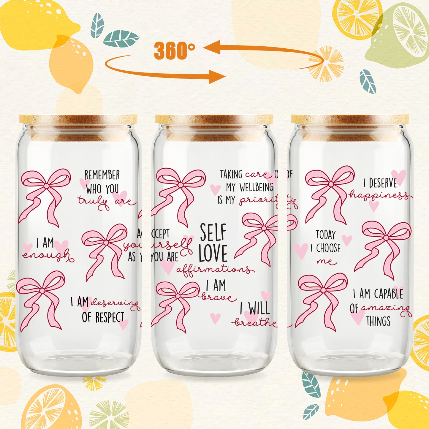Gift for Her, Self Love Affirmations Glass Cup, Self-Love Gift, Woman Tumbler, Birthday Gift, Gift for Teenage Daughter, Coquette Coffee Cup, Pink bow Ribbon Glass cup with Straw and Lid, Girl Gifts
