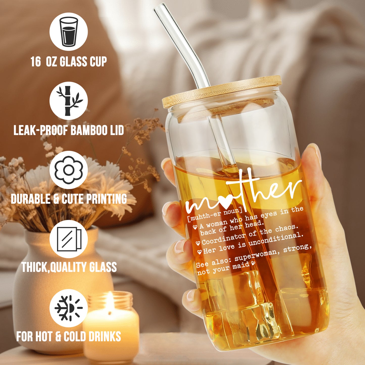 Funny Mother Definition, Mother's Day Gift from Daughter, Mom Appreciation Gift, Iced Coffee Glass Cup for Coffee Lover, Mom Themed Glassware, Birthday Gifts for Mama, Stepmom, With Bamboo Lid Straw