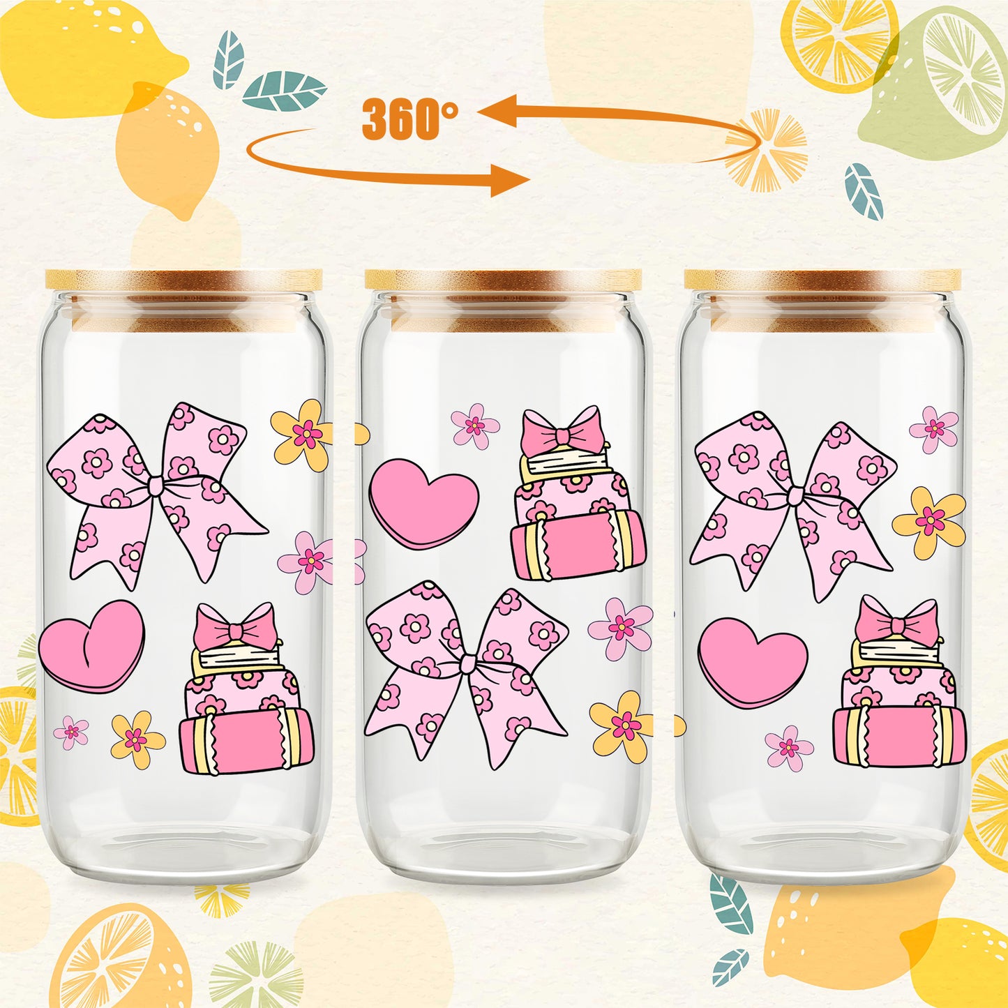 Gifts for Her, Books Bows Lover Gifts, Pink Heart Cup, Coquette Bow Lover Glass Tumbler, Bookish Gift Set, Floral Mug, 16oz Cute Iced Coffee Cup with Bamboo Lid and Straw for Girls Readers, Bookworm