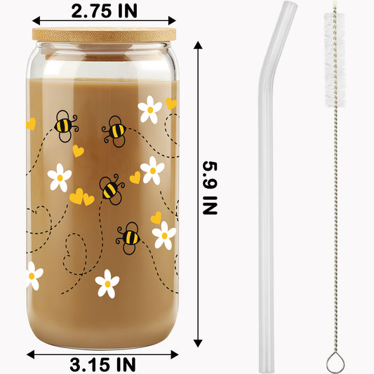 Gift For Women, Her - Birthday Gifts for Women Friendship - Unique Gifts For Women, Friends, Bestie, Bff, Soul Sister, Work Bestie - Honey Bee Daisy 16 OZ Iced Glass Can Tumbler with Lid and Straw