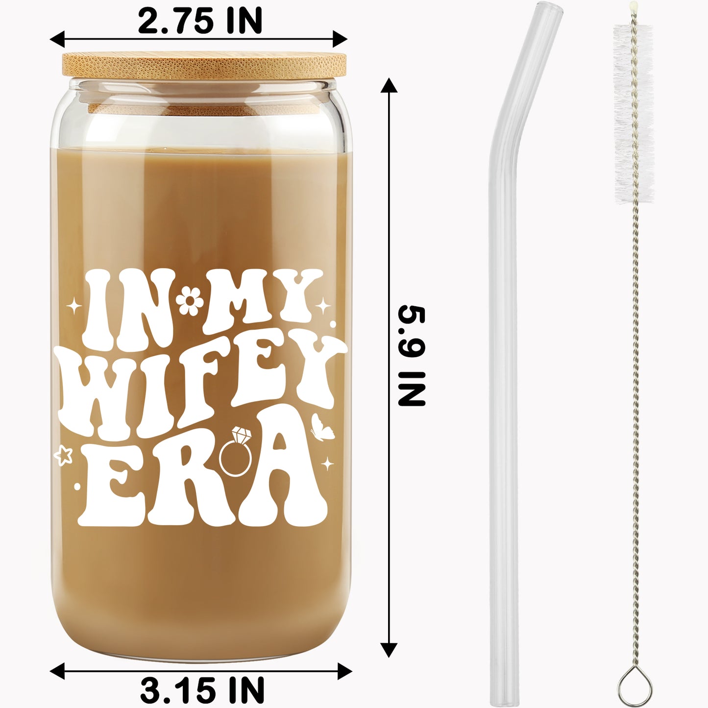 New Wifey Gifts, Bride Wedding Gift, Bridal Shower Gifts, Newlywed Present for Bride, Bride to Be Gift Idea, In My Wifey Era Ice Coffee Cup, Newly Married, Wife Present, 16 OZ Glass Cup w/ Lid & Straw