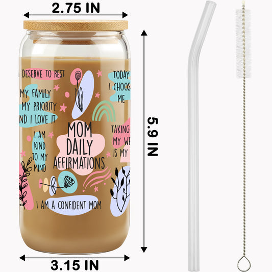 Gifts For Mom - Mom Daily Affirmations Cup for Mother's Day from Daughter, Son - Birthday Gifts For Women, Mama, Stepmom, Her, Wife, Bonusmom, New Mum - 16oz Iced Coffee Glass Cup with Straw Lid