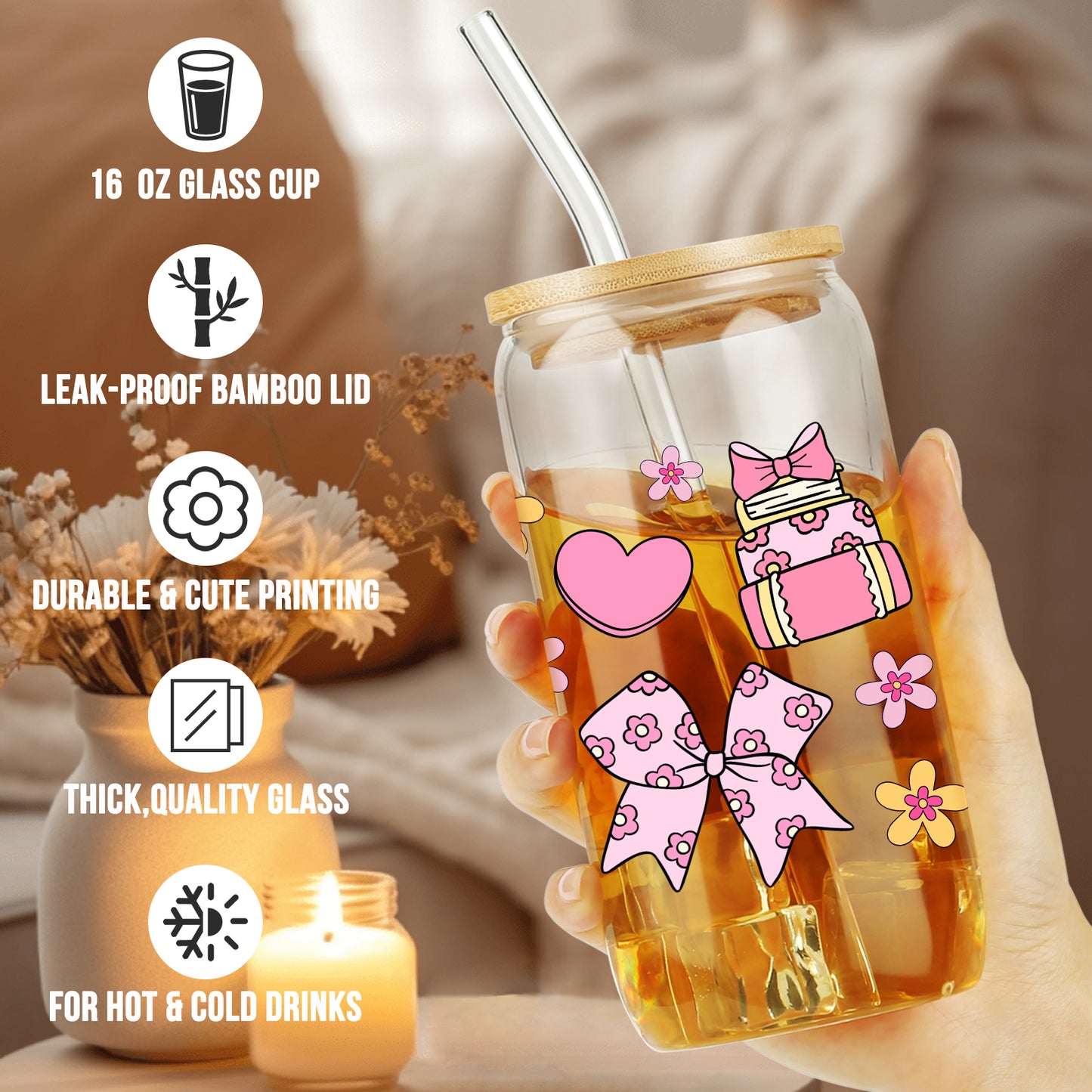 Gifts for Her, Books Bows Lover Gifts, Pink Heart Cup, Coquette Bow Lover Glass Tumbler, Bookish Gift Set, Floral Mug, 16oz Cute Iced Coffee Cup with Bamboo Lid and Straw for Girls Readers, Bookworm