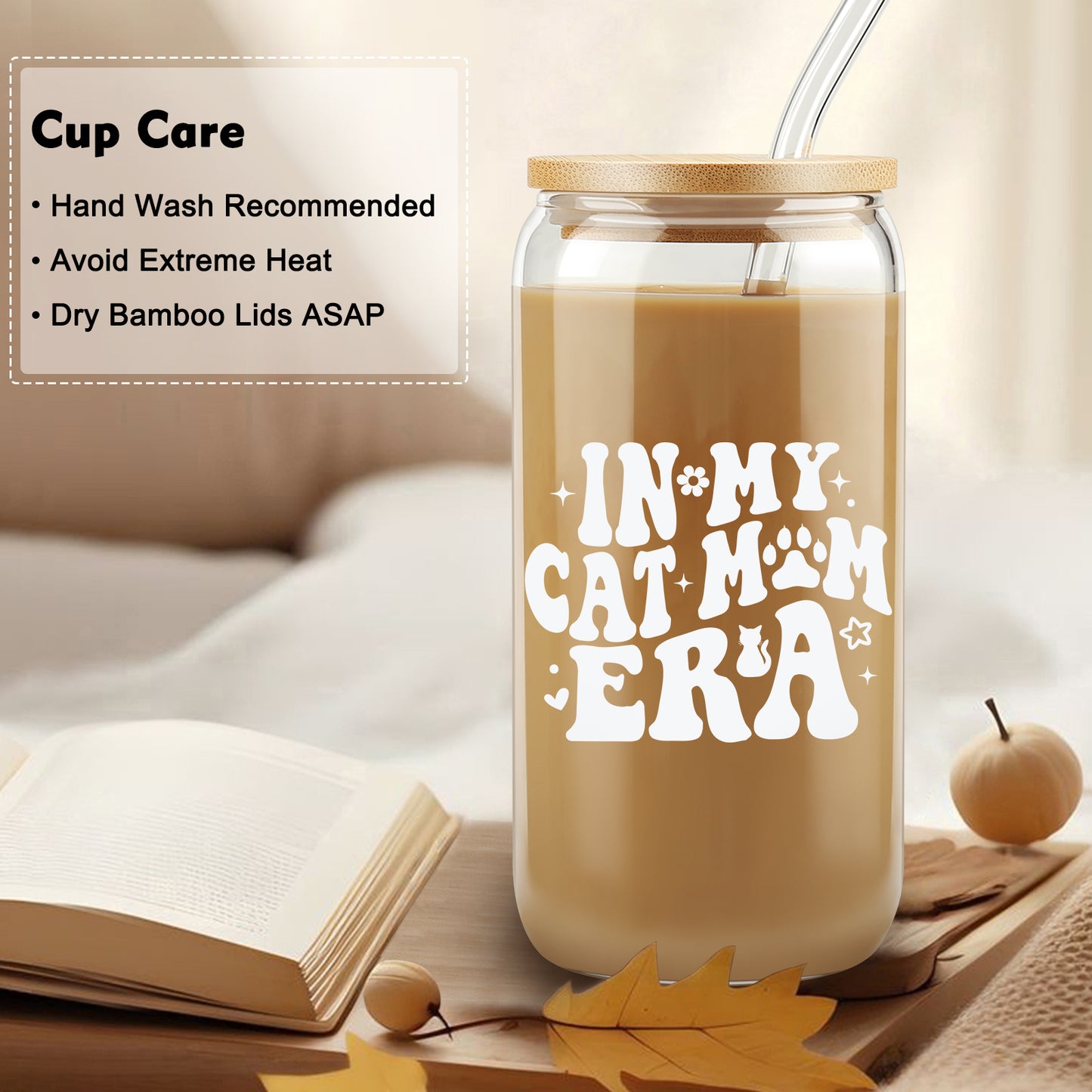 In My Cat Mom Era Cup, Birthday Gifts for Cat Mom Ice Coffee Cup, Mother's Day Gift, Kitty Mama Glass Cup, Cats Mum Glass Tumbler Can, Unique Pet Owner Presents, 16oz with Bamboo Lid and Straw