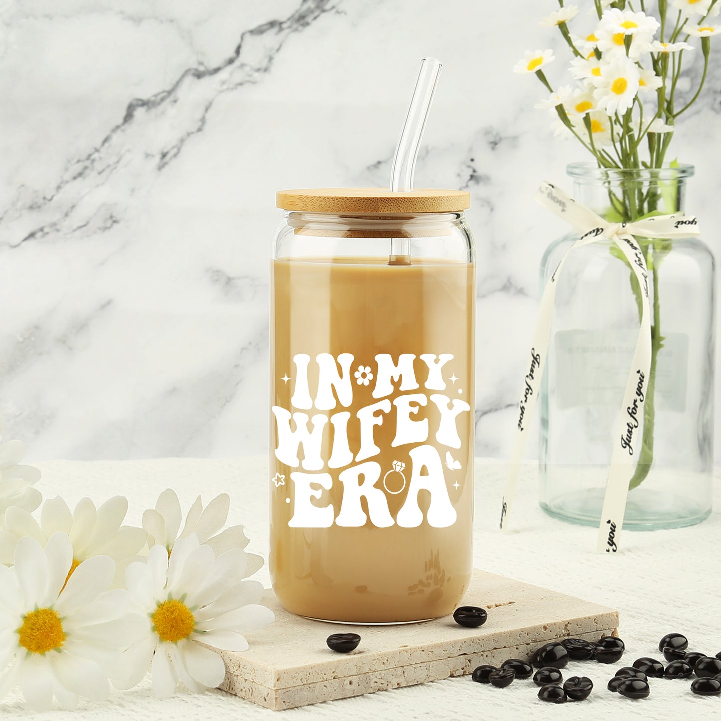 New Wifey Gifts, Bride Wedding Gift, Bridal Shower Gifts, Newlywed Present for Bride, Bride to Be Gift Idea, In My Wifey Era Ice Coffee Cup, Newly Married, Wife Present, 16 OZ Glass Cup w/ Lid & Straw