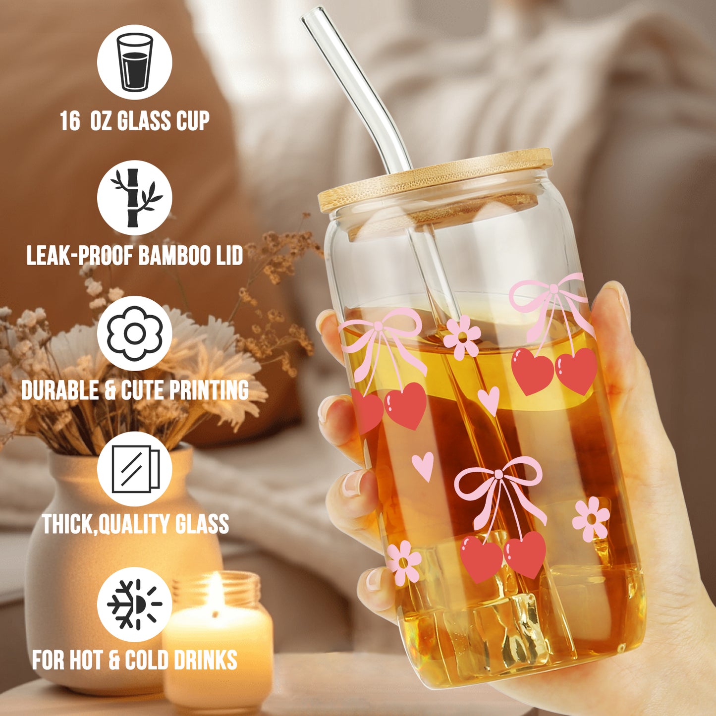 Cherry Bow Cup, Birthday Gifts for Women, Girly Gifts for Her, Sister, Mom, Colleague - 16 OZ Glass Tumbler with Straw & Lid, Coquette Iced Coffee Cup, Valentine's day Gift, Galentines Day Party Favor
