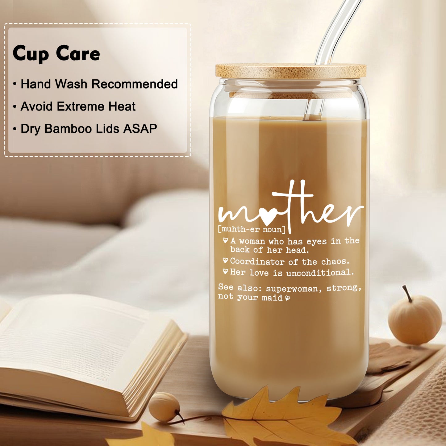 Funny Mother Definition, Mother's Day Gift from Daughter, Mom Appreciation Gift, Iced Coffee Glass Cup for Coffee Lover, Mom Themed Glassware, Birthday Gifts for Mama, Stepmom, With Bamboo Lid Straw