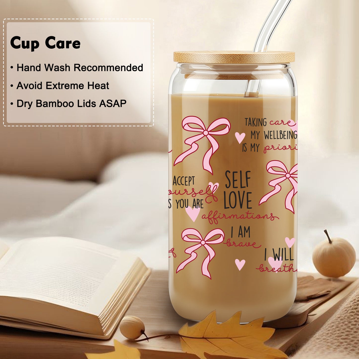 Gift for Her, Self Love Affirmations Glass Cup, Self-Love Gift, Woman Tumbler, Birthday Gift, Gift for Teenage Daughter, Coquette Coffee Cup, Pink bow Ribbon Glass cup with Straw and Lid, Girl Gifts