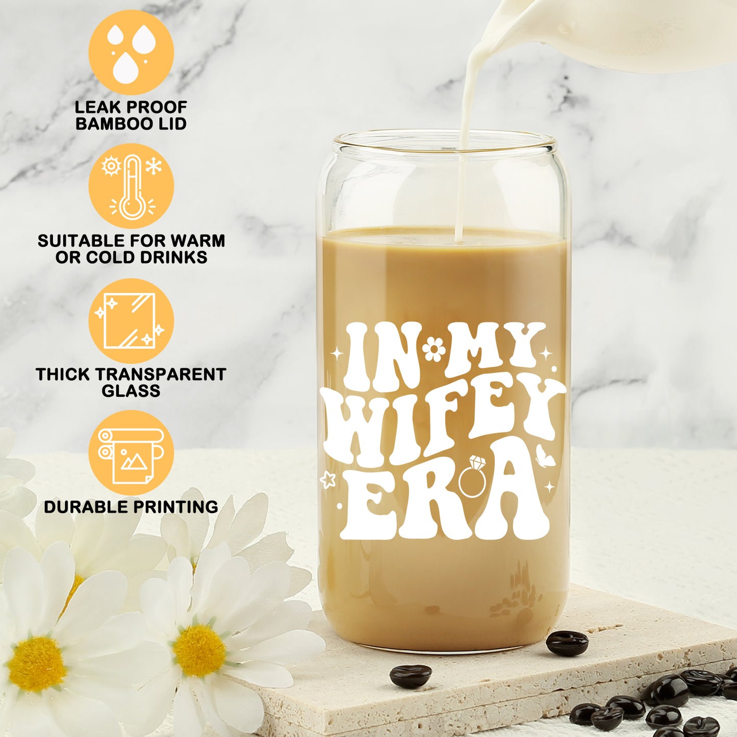 New Wifey Gifts, Bride Wedding Gift, Bridal Shower Gifts, Newlywed Present for Bride, Bride to Be Gift Idea, In My Wifey Era Ice Coffee Cup, Newly Married, Wife Present, 16 OZ Glass Cup w/ Lid & Straw