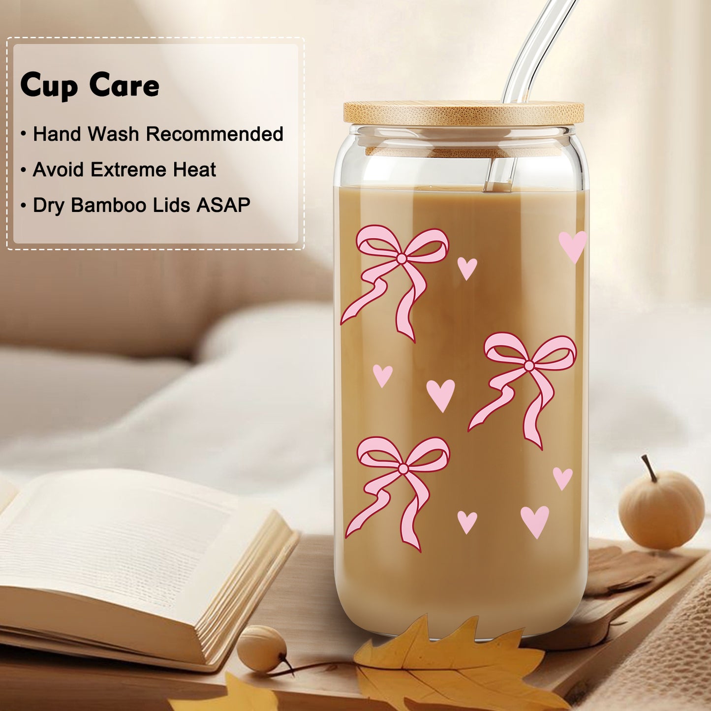 Girl Gift, Pink Bow Coquette Glass Iced Coffee Cup, Tumbler Gifts, Girly Girl Gifts,VDay Gift for Her, Preppy Gift, Aesthetic Cup, Dorm Gift, Gift for Teenage Daughter, Birthday Gift, With Lid Straw