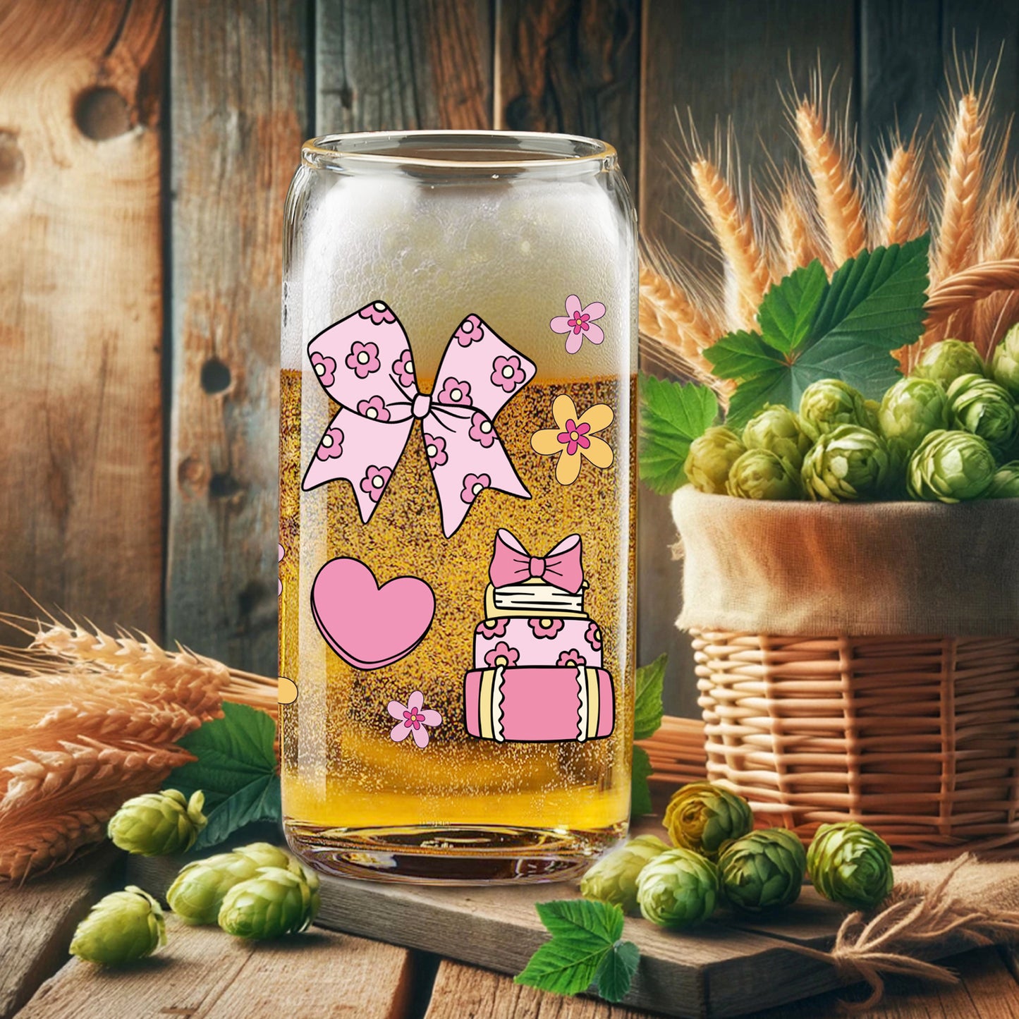 Gifts for Her, Books Bows Lover Gifts, Pink Heart Cup, Coquette Bow Lover Glass Tumbler, Bookish Gift Set, Floral Mug, 16oz Cute Iced Coffee Cup with Bamboo Lid and Straw for Girls Readers, Bookworm