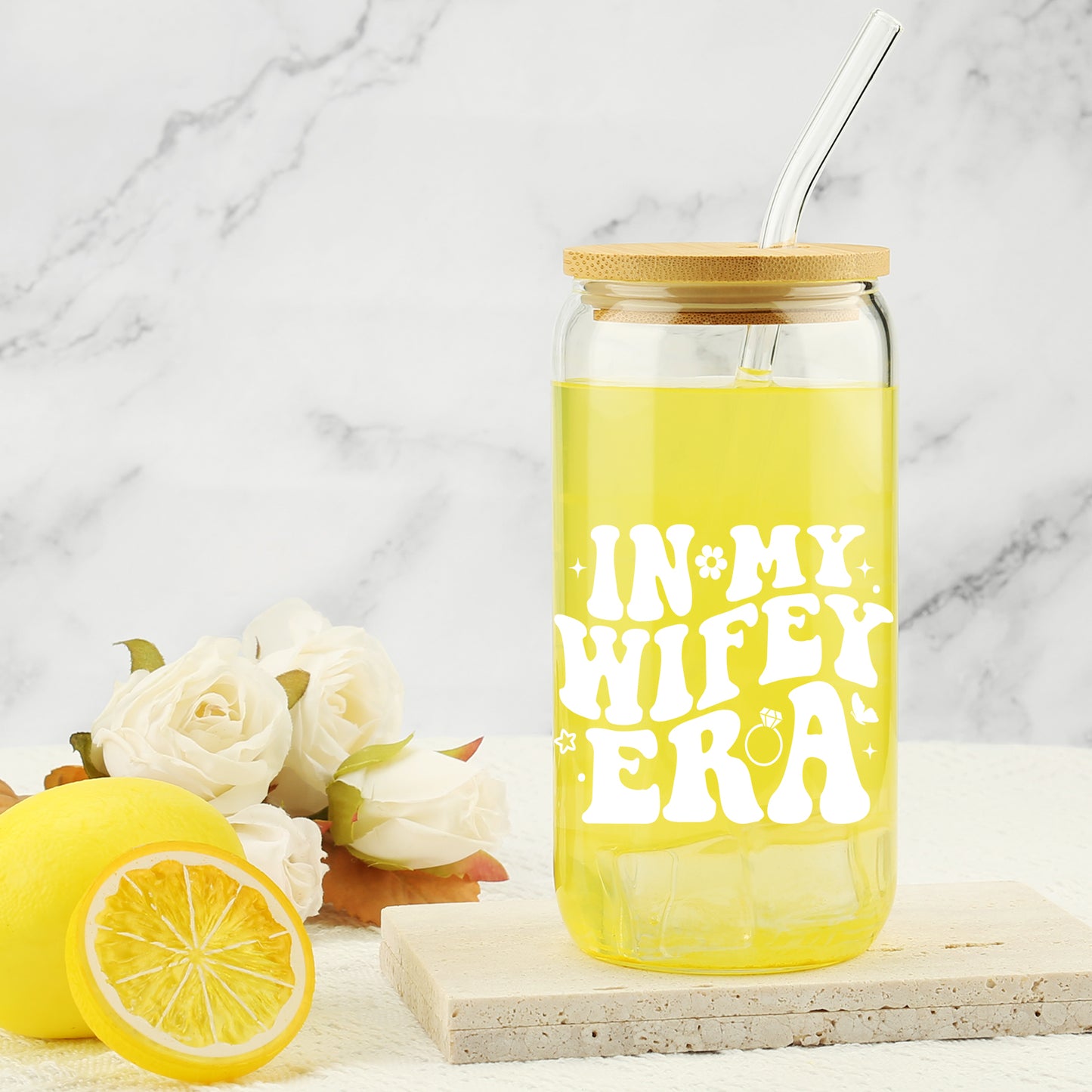 New Wifey Gifts, Bride Wedding Gift, Bridal Shower Gifts, Newlywed Present for Bride, Bride to Be Gift Idea, In My Wifey Era Ice Coffee Cup, Newly Married, Wife Present, 16 OZ Glass Cup w/ Lid & Straw