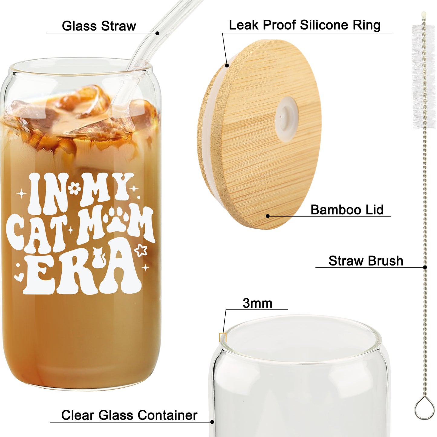 In My Cat Mom Era Cup, Birthday Gifts for Cat Mom Ice Coffee Cup, Mother's Day Gift, Kitty Mama Glass Cup, Cats Mum Glass Tumbler Can, Unique Pet Owner Presents, 16oz with Bamboo Lid and Straw