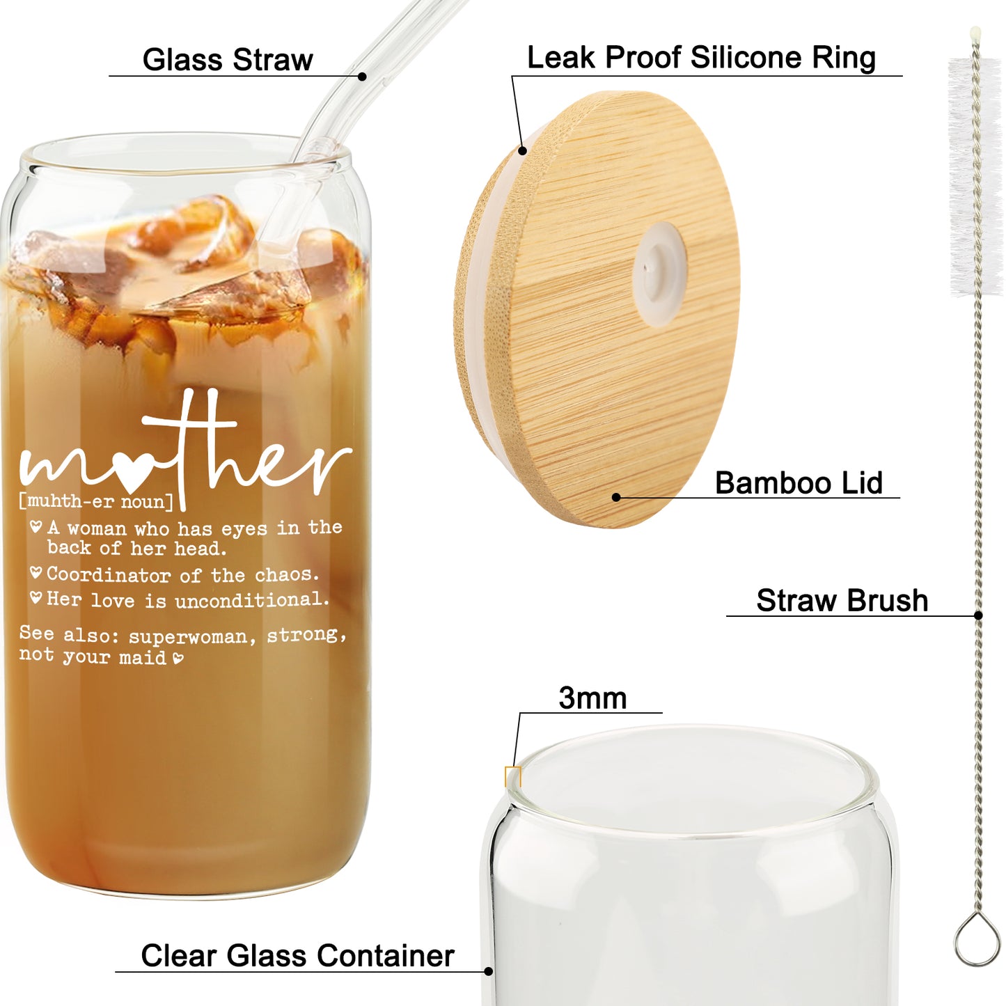 Funny Mother Definition, Mother's Day Gift from Daughter, Mom Appreciation Gift, Iced Coffee Glass Cup for Coffee Lover, Mom Themed Glassware, Birthday Gifts for Mama, Stepmom, With Bamboo Lid Straw