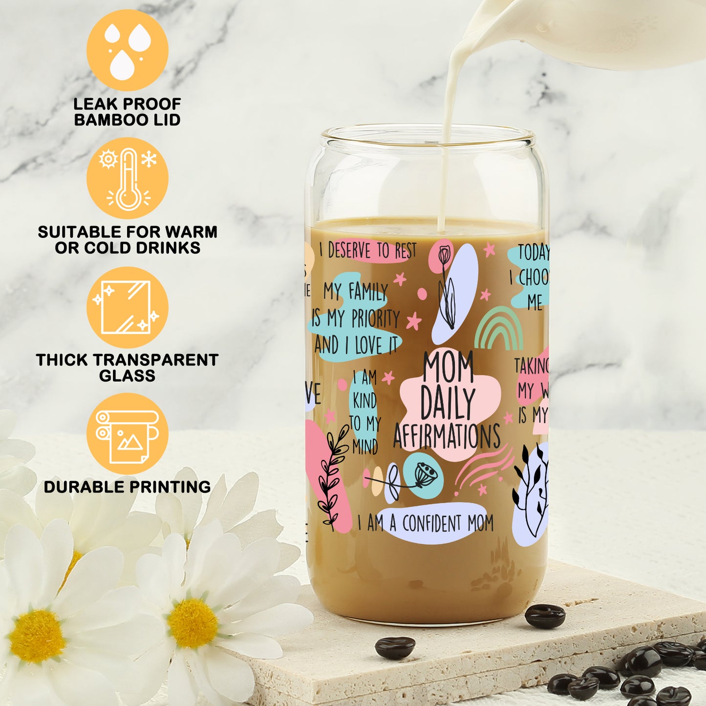 Gifts For Mom - Mom Daily Affirmations Cup for Mother's Day from Daughter, Son - Birthday Gifts For Women, Mama, Stepmom, Her, Wife, Bonusmom, New Mum - 16oz Iced Coffee Glass Cup with Straw Lid
