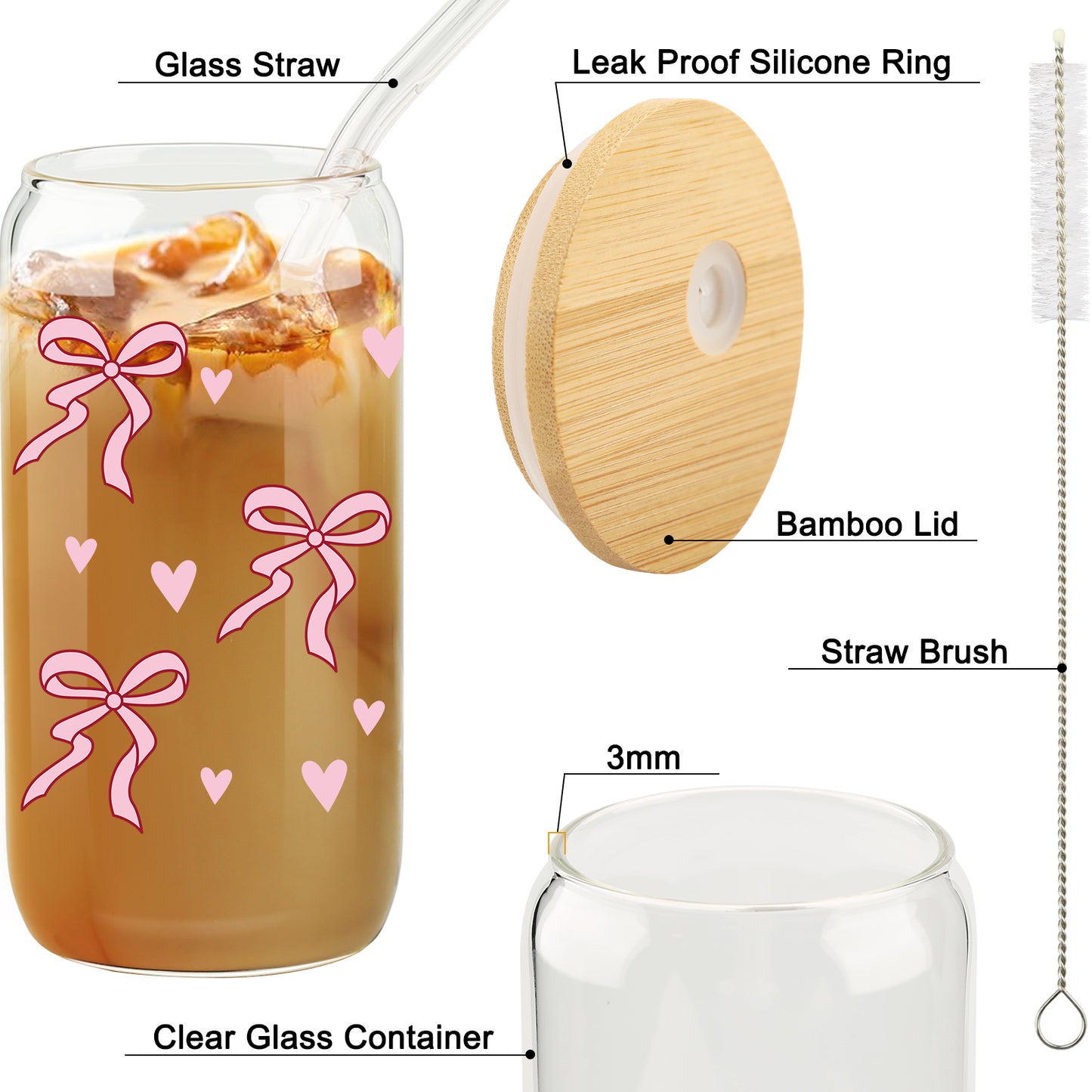 Girl Gift, Pink Bow Coquette Glass Iced Coffee Cup, Tumbler Gifts, Girly Girl Gifts,VDay Gift for Her, Preppy Gift, Aesthetic Cup, Dorm Gift, Gift for Teenage Daughter, Birthday Gift, With Lid Straw