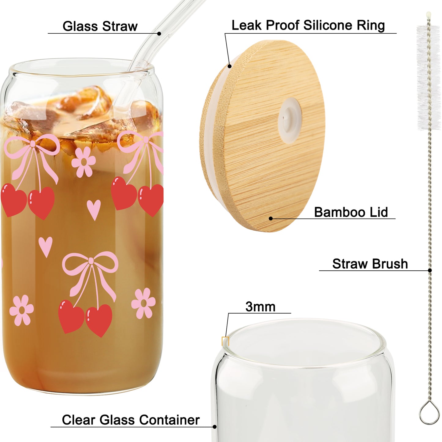 Cherry Bow Cup, Birthday Gifts for Women, Girly Gifts for Her, Sister, Mom, Colleague - 16 OZ Glass Tumbler with Straw & Lid, Coquette Iced Coffee Cup, Valentine's day Gift, Galentines Day Party Favor