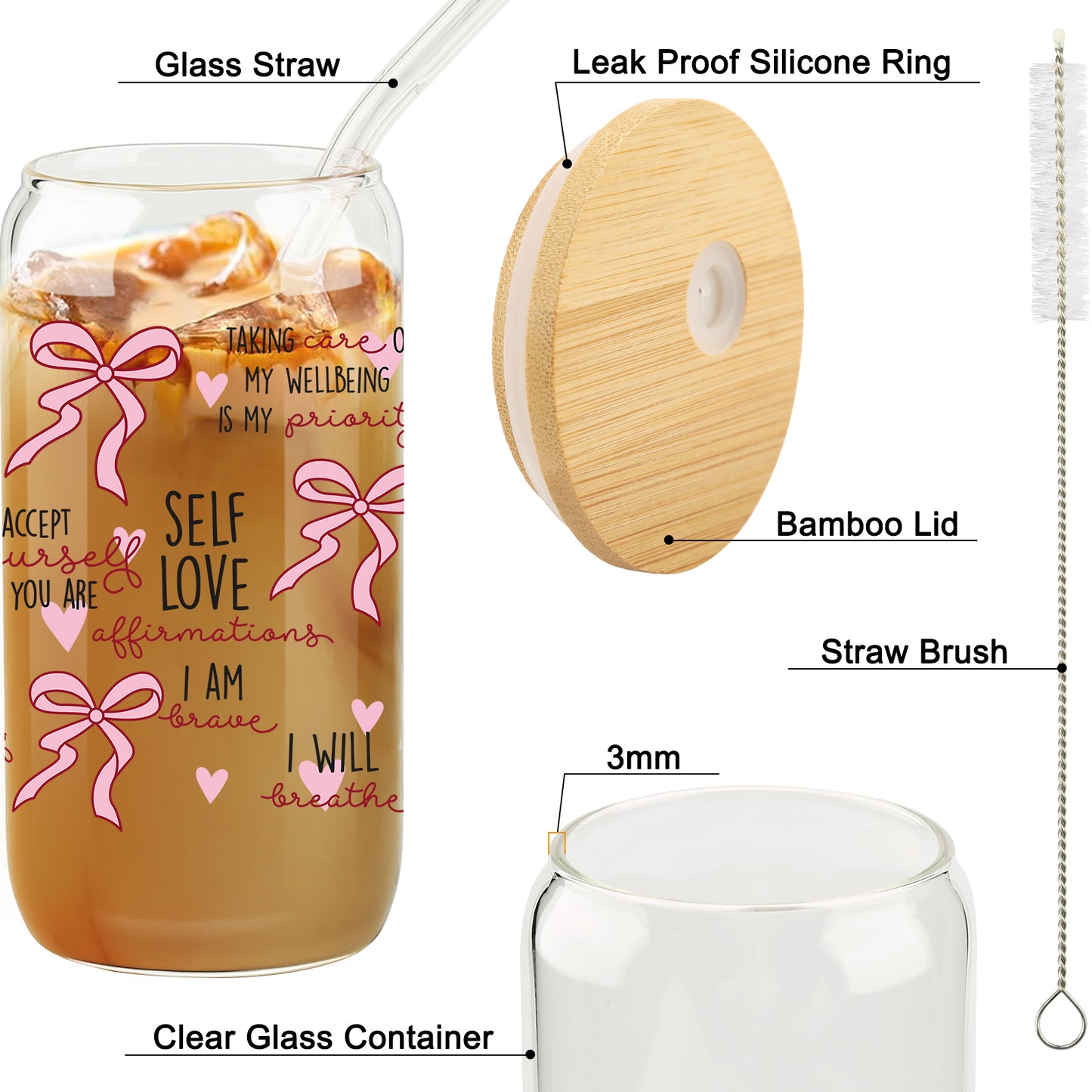 Gift for Her, Self Love Affirmations Glass Cup, Self-Love Gift, Woman Tumbler, Birthday Gift, Gift for Teenage Daughter, Coquette Coffee Cup, Pink bow Ribbon Glass cup with Straw and Lid, Girl Gifts