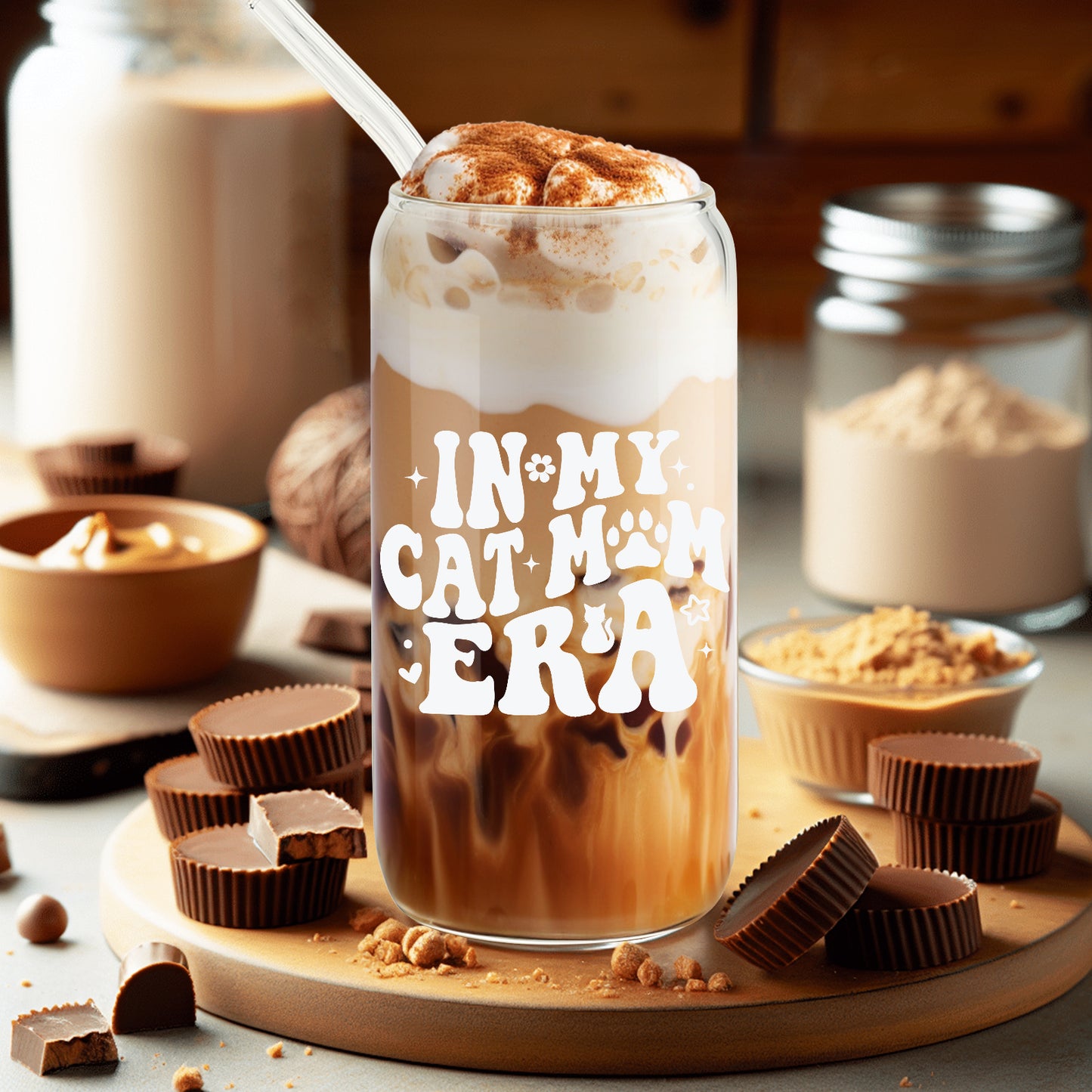 In My Cat Mom Era Cup, Birthday Gifts for Cat Mom Ice Coffee Cup, Mother's Day Gift, Kitty Mama Glass Cup, Cats Mum Glass Tumbler Can, Unique Pet Owner Presents, 16oz with Bamboo Lid and Straw