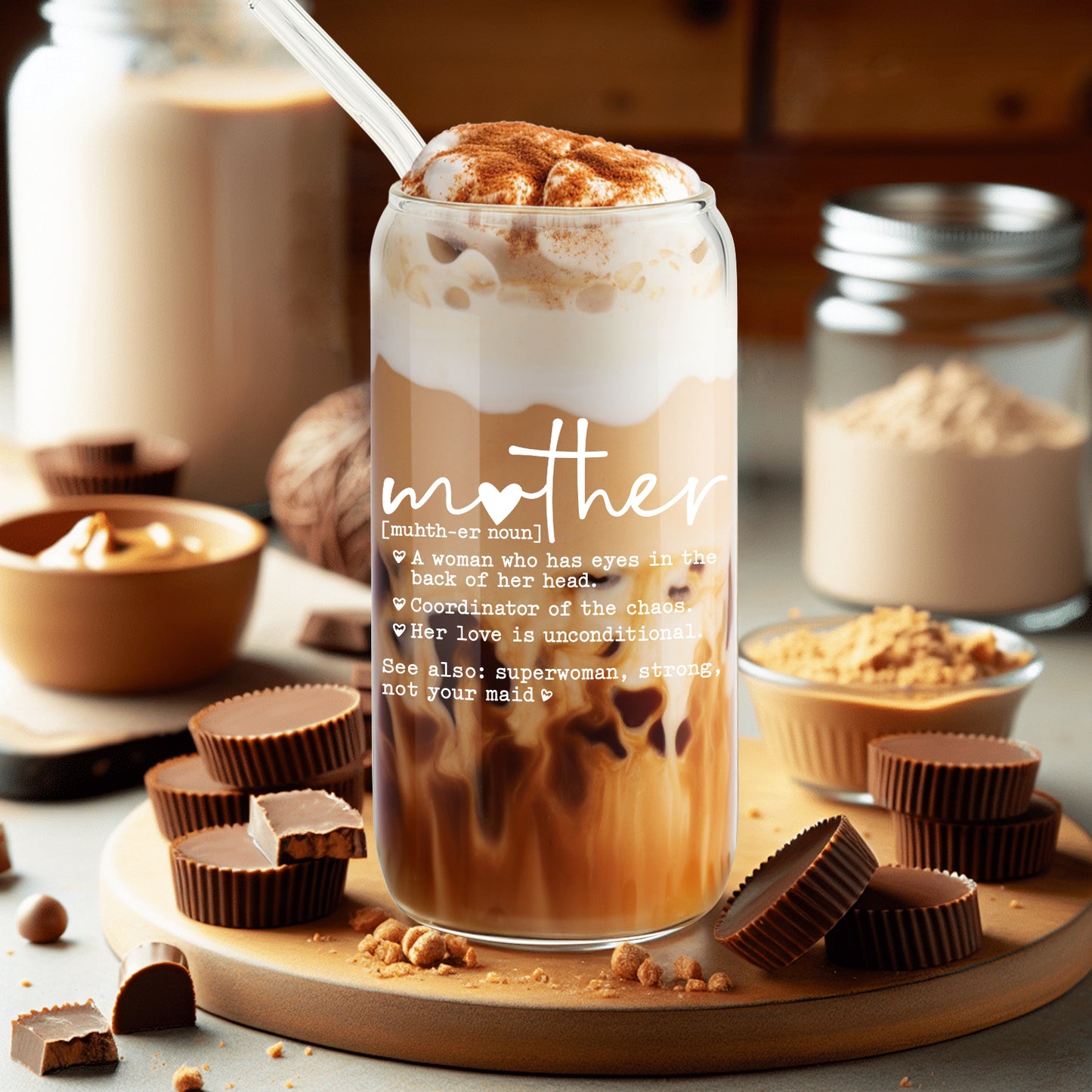 Funny Mother Definition, Mother's Day Gift from Daughter, Mom Appreciation Gift, Iced Coffee Glass Cup for Coffee Lover, Mom Themed Glassware, Birthday Gifts for Mama, Stepmom, With Bamboo Lid Straw
