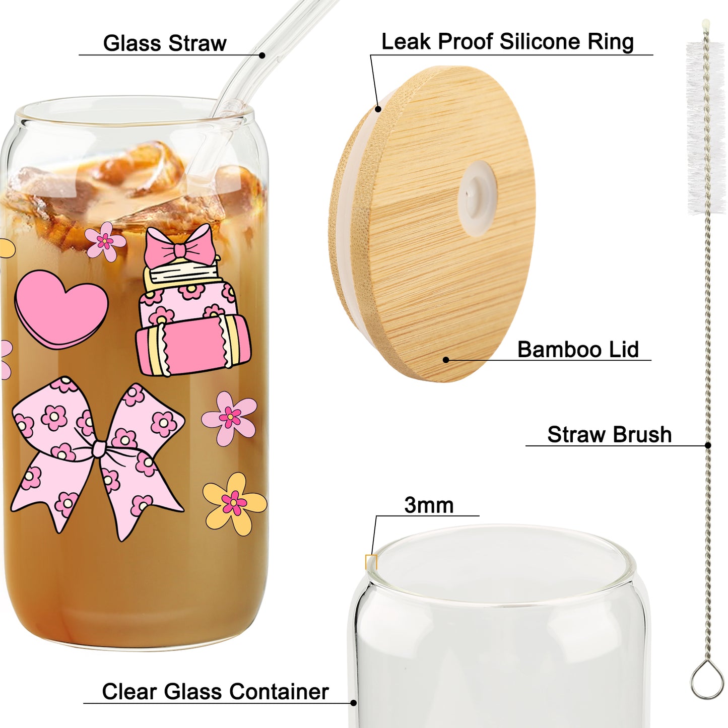 Gifts for Her, Books Bows Lover Gifts, Pink Heart Cup, Coquette Bow Lover Glass Tumbler, Bookish Gift Set, Floral Mug, 16oz Cute Iced Coffee Cup with Bamboo Lid and Straw for Girls Readers, Bookworm