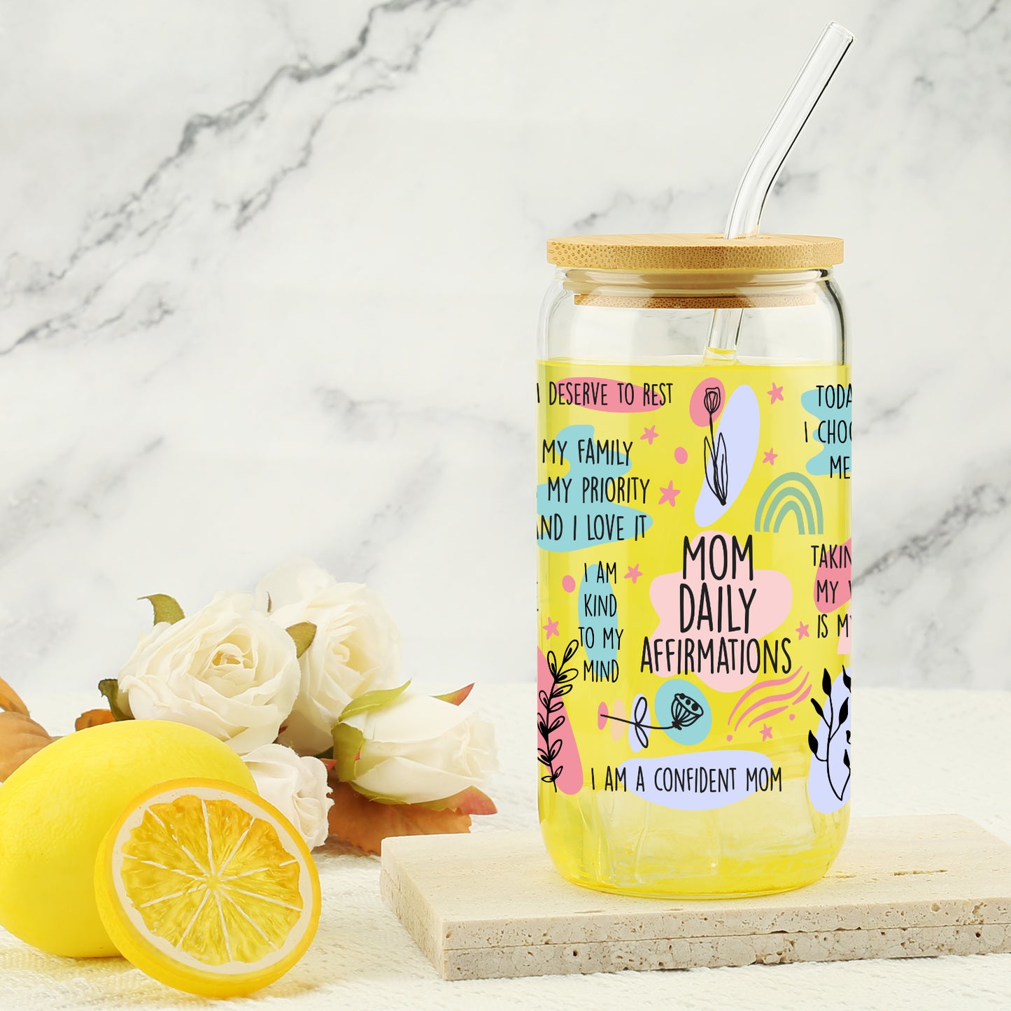 Gifts For Mom - Mom Daily Affirmations Cup for Mother's Day from Daughter, Son - Birthday Gifts For Women, Mama, Stepmom, Her, Wife, Bonusmom, New Mum - 16oz Iced Coffee Glass Cup with Straw Lid
