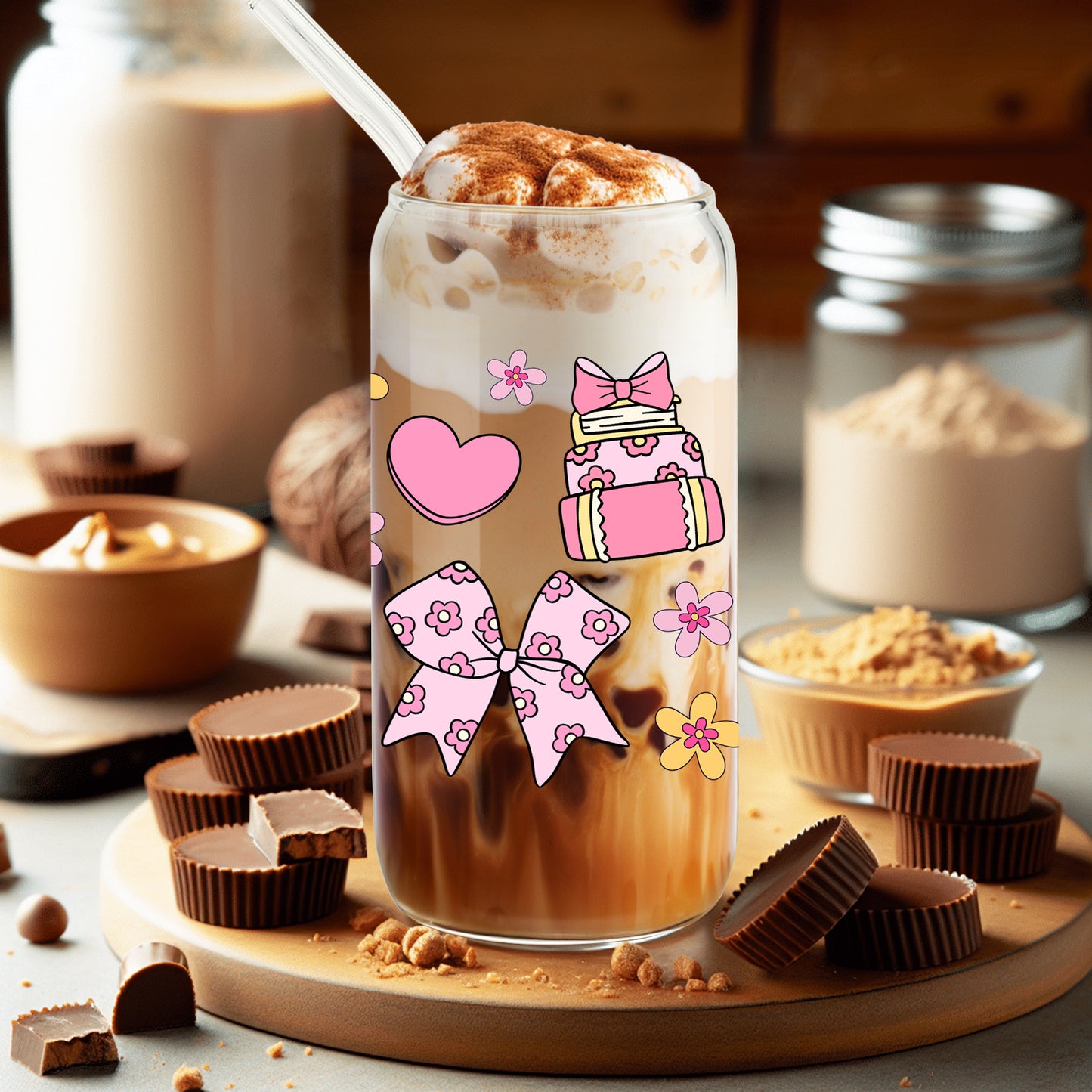 Gifts for Her, Books Bows Lover Gifts, Pink Heart Cup, Coquette Bow Lover Glass Tumbler, Bookish Gift Set, Floral Mug, 16oz Cute Iced Coffee Cup with Bamboo Lid and Straw for Girls Readers, Bookworm