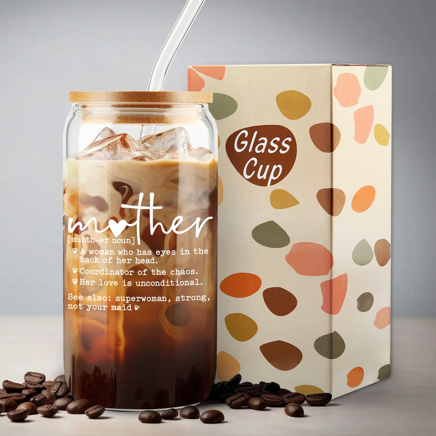 Funny Mother Definition, Mother's Day Gift from Daughter, Mom Appreciation Gift, Iced Coffee Glass Cup for Coffee Lover, Mom Themed Glassware, Birthday Gifts for Mama, Stepmom, With Bamboo Lid Straw