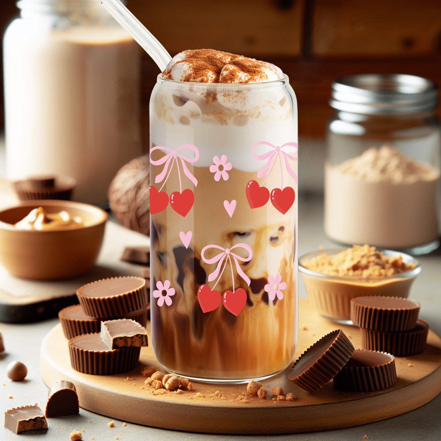 Cherry Bow Cup, Birthday Gifts for Women, Girly Gifts for Her, Sister, Mom, Colleague - 16 OZ Glass Tumbler with Straw & Lid, Coquette Iced Coffee Cup, Valentine's day Gift, Galentines Day Party Favor