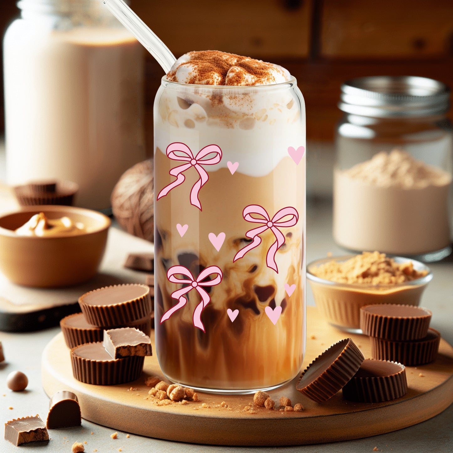Girl Gift, Pink Bow Coquette Glass Iced Coffee Cup, Tumbler Gifts, Girly Girl Gifts,VDay Gift for Her, Preppy Gift, Aesthetic Cup, Dorm Gift, Gift for Teenage Daughter, Birthday Gift, With Lid Straw