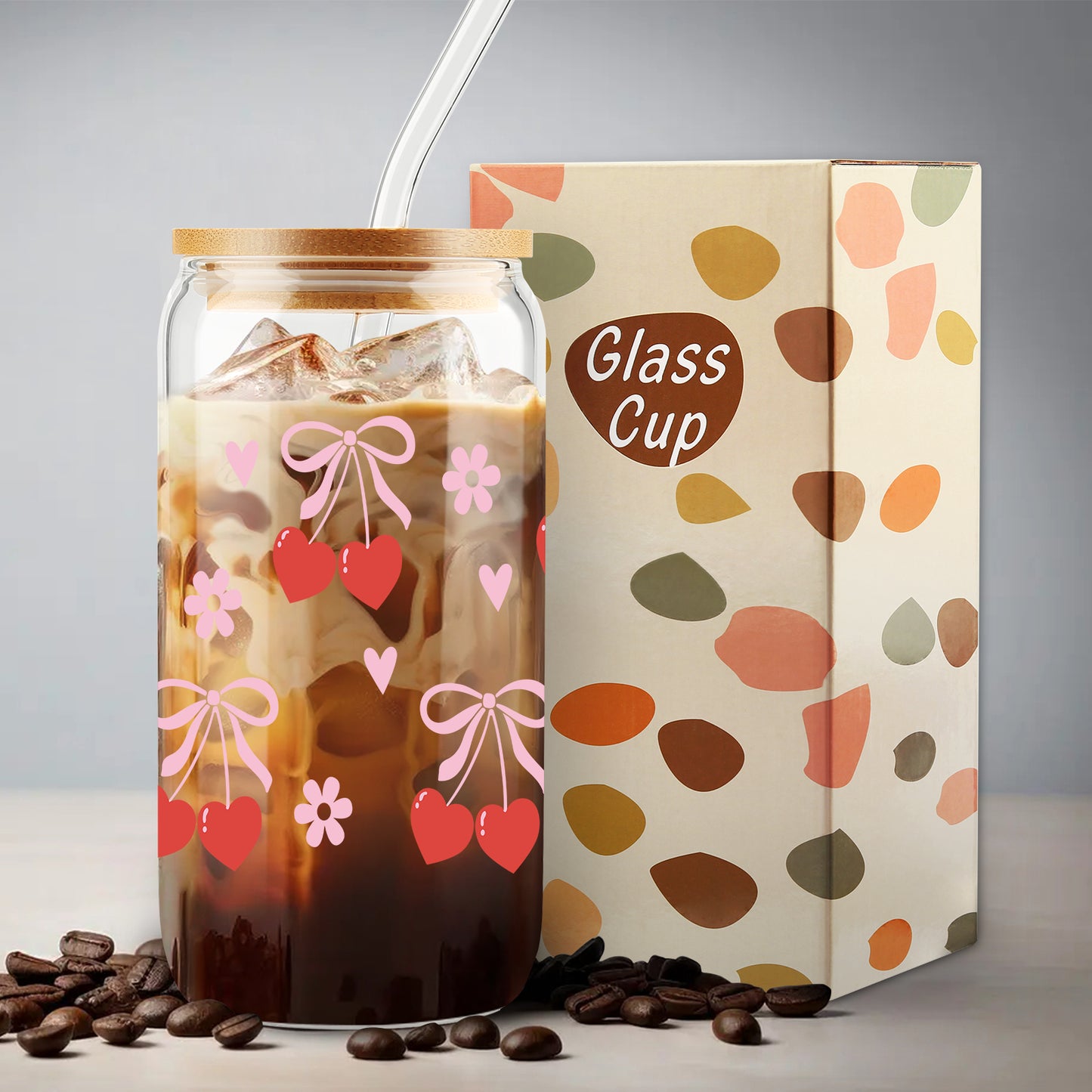 Cherry Bow Cup, Birthday Gifts for Women, Girly Gifts for Her, Sister, Mom, Colleague - 16 OZ Glass Tumbler with Straw & Lid, Coquette Iced Coffee Cup, Valentine's day Gift, Galentines Day Party Favor