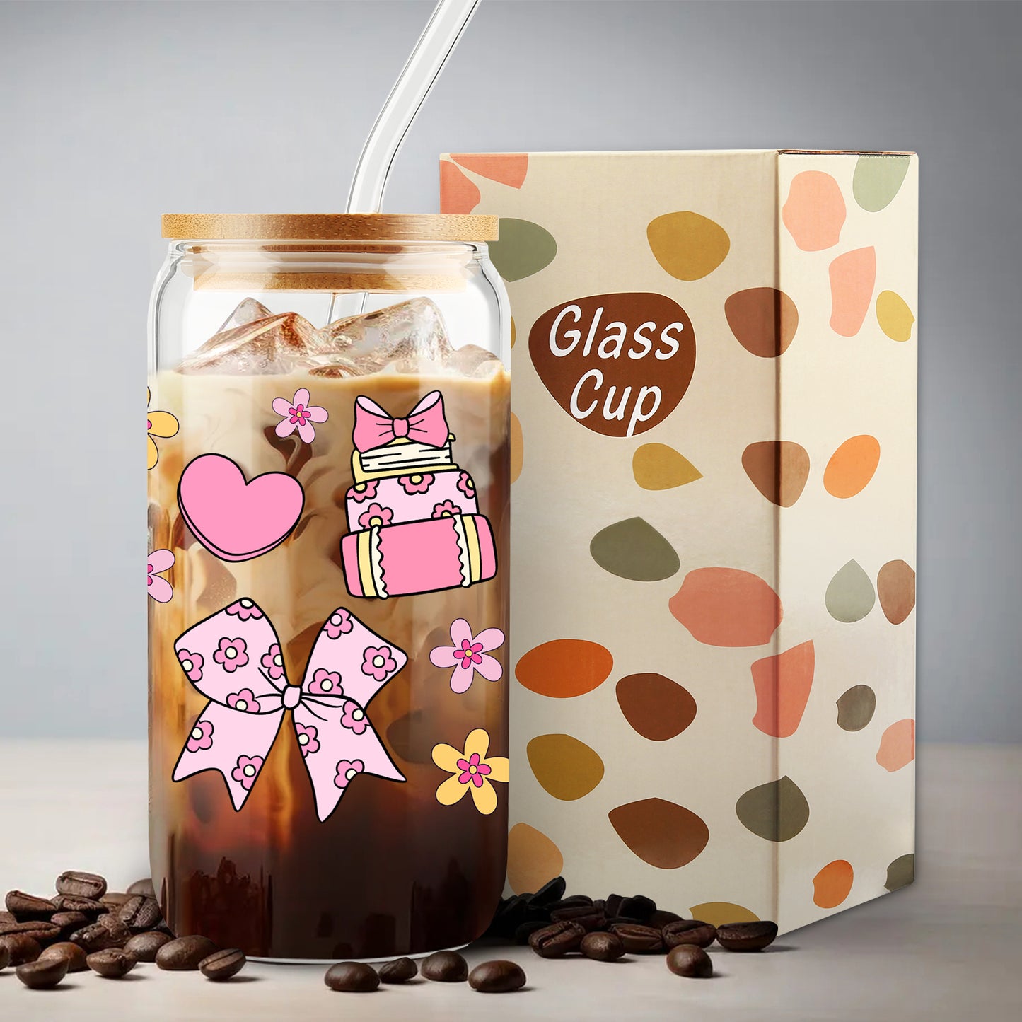Gifts for Her, Books Bows Lover Gifts, Pink Heart Cup, Coquette Bow Lover Glass Tumbler, Bookish Gift Set, Floral Mug, 16oz Cute Iced Coffee Cup with Bamboo Lid and Straw for Girls Readers, Bookworm
