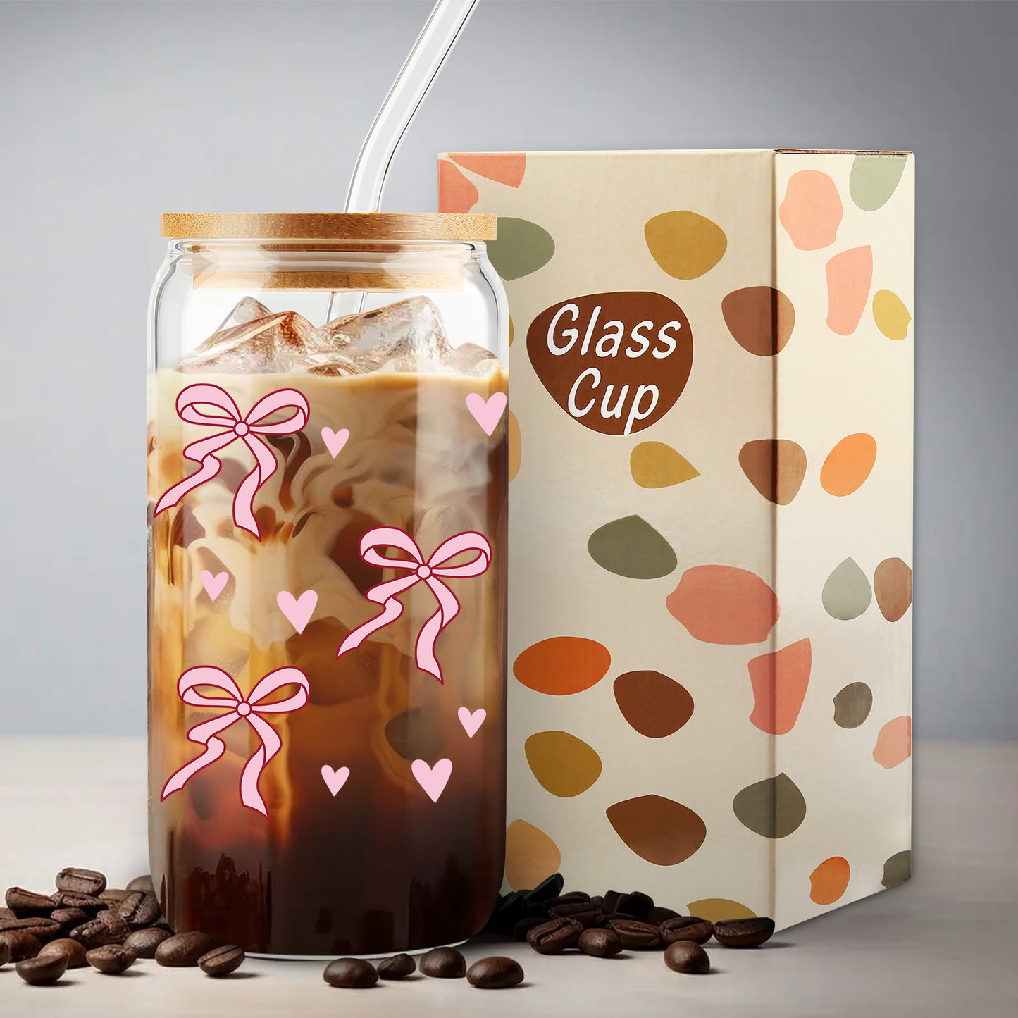 Girl Gift, Pink Bow Coquette Glass Iced Coffee Cup, Tumbler Gifts, Girly Girl Gifts,VDay Gift for Her, Preppy Gift, Aesthetic Cup, Dorm Gift, Gift for Teenage Daughter, Birthday Gift, With Lid Straw