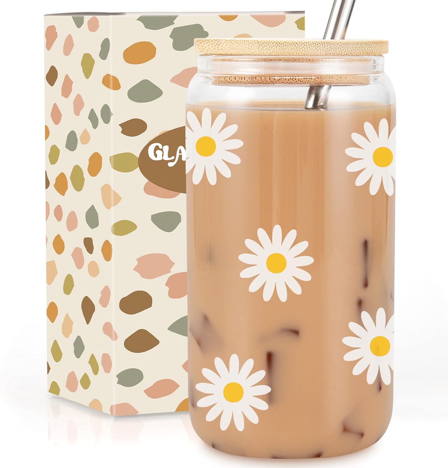 Daisy Aesthetic Gifts, Iced Coffee Cup, Cute Glass Cups with Lids and Straws - Cute Mugs, Flower Mug, Glass Tumbler - Birthday Gifts for Women, Coffee Lovers, Friends, Girls