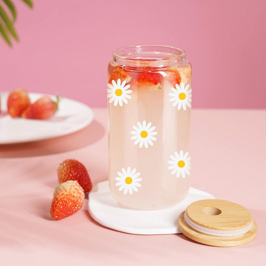 Daisy Aesthetic Gifts, Iced Coffee Cup, Cute Glass Cups with Lids and Straws - Cute Mugs, Flower Mug, Glass Tumbler - Birthday Gifts for Women, Coffee Lovers, Friends, Girls