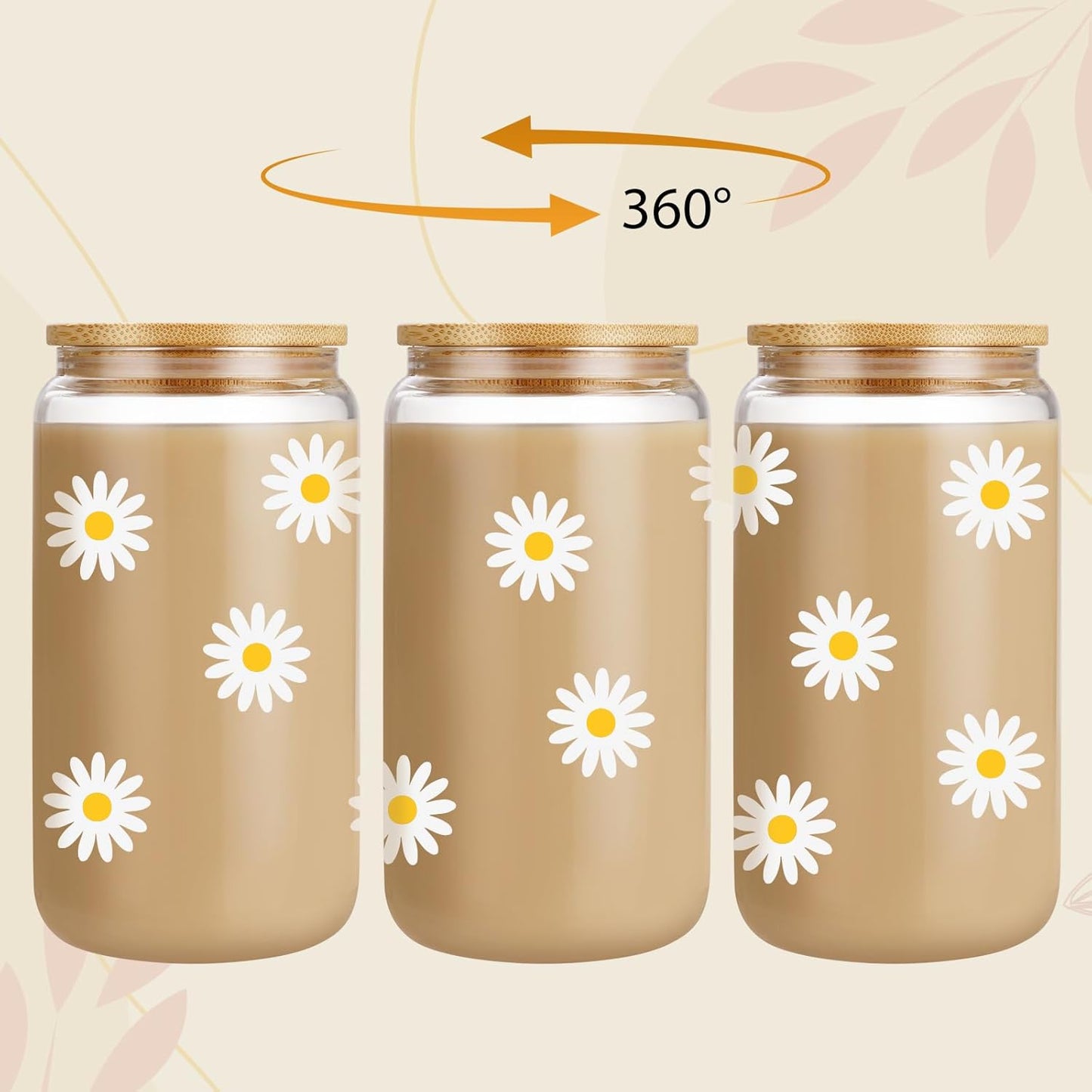 Daisy Aesthetic Gifts, Iced Coffee Cup, Cute Glass Cups with Lids and Straws - Cute Mugs, Flower Mug, Glass Tumbler - Birthday Gifts for Women, Coffee Lovers, Friends, Girls