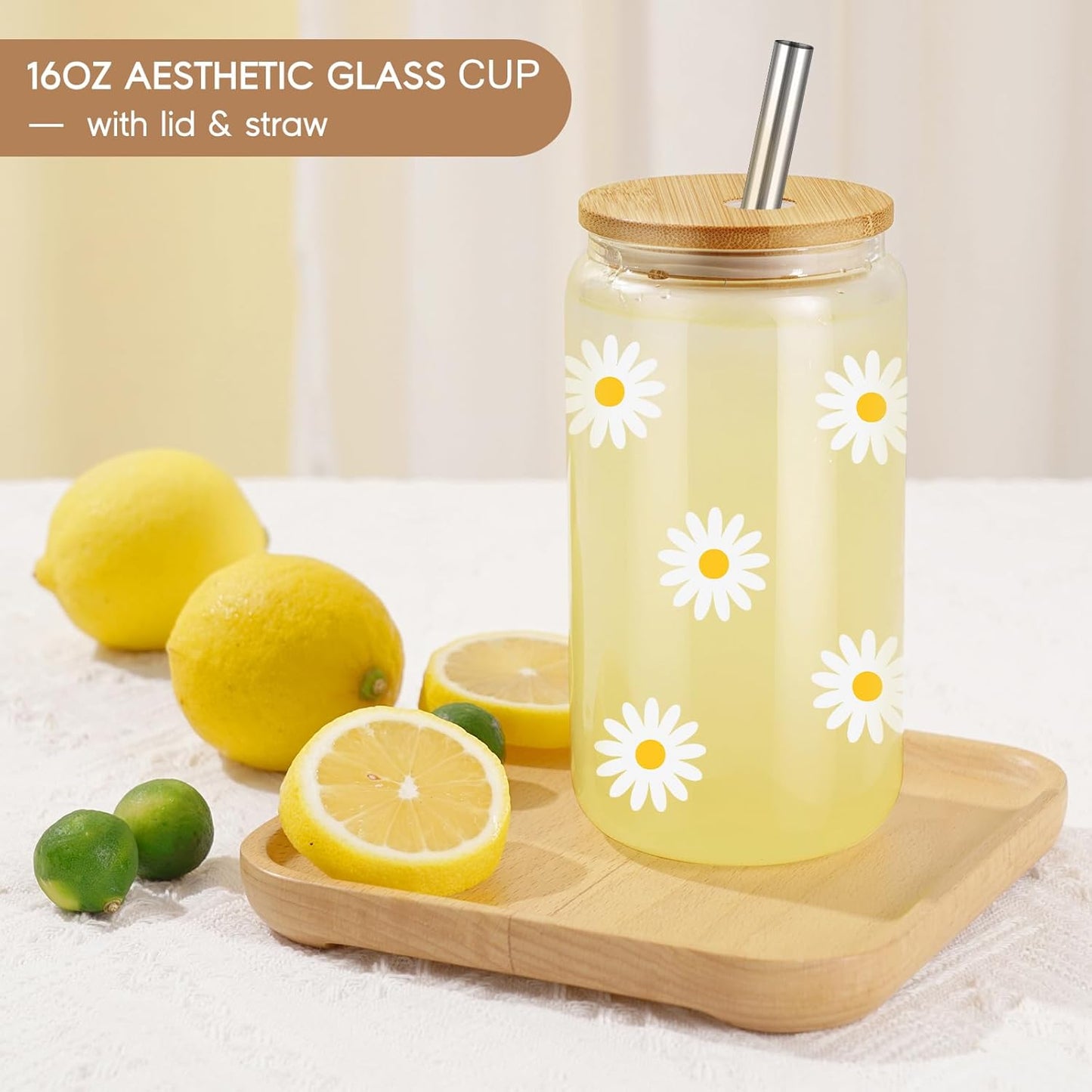 Daisy Aesthetic Gifts, Iced Coffee Cup, Cute Glass Cups with Lids and Straws - Cute Mugs, Flower Mug, Glass Tumbler - Birthday Gifts for Women, Coffee Lovers, Friends, Girls